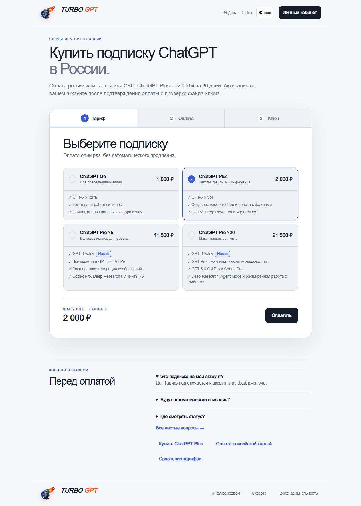 Форма TurboGPT: выбран ChatGPT Plus, стоимость 2 000 рублей, этапы Тариф, Оплата, Ключ